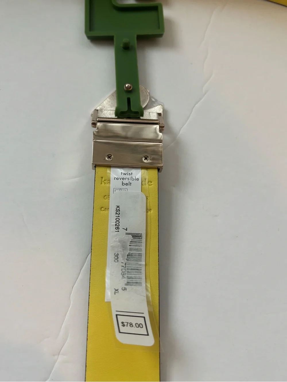 Kate Spade Women Twist Reversible Leather Belt Green Yellow Spade Buckle L & XL